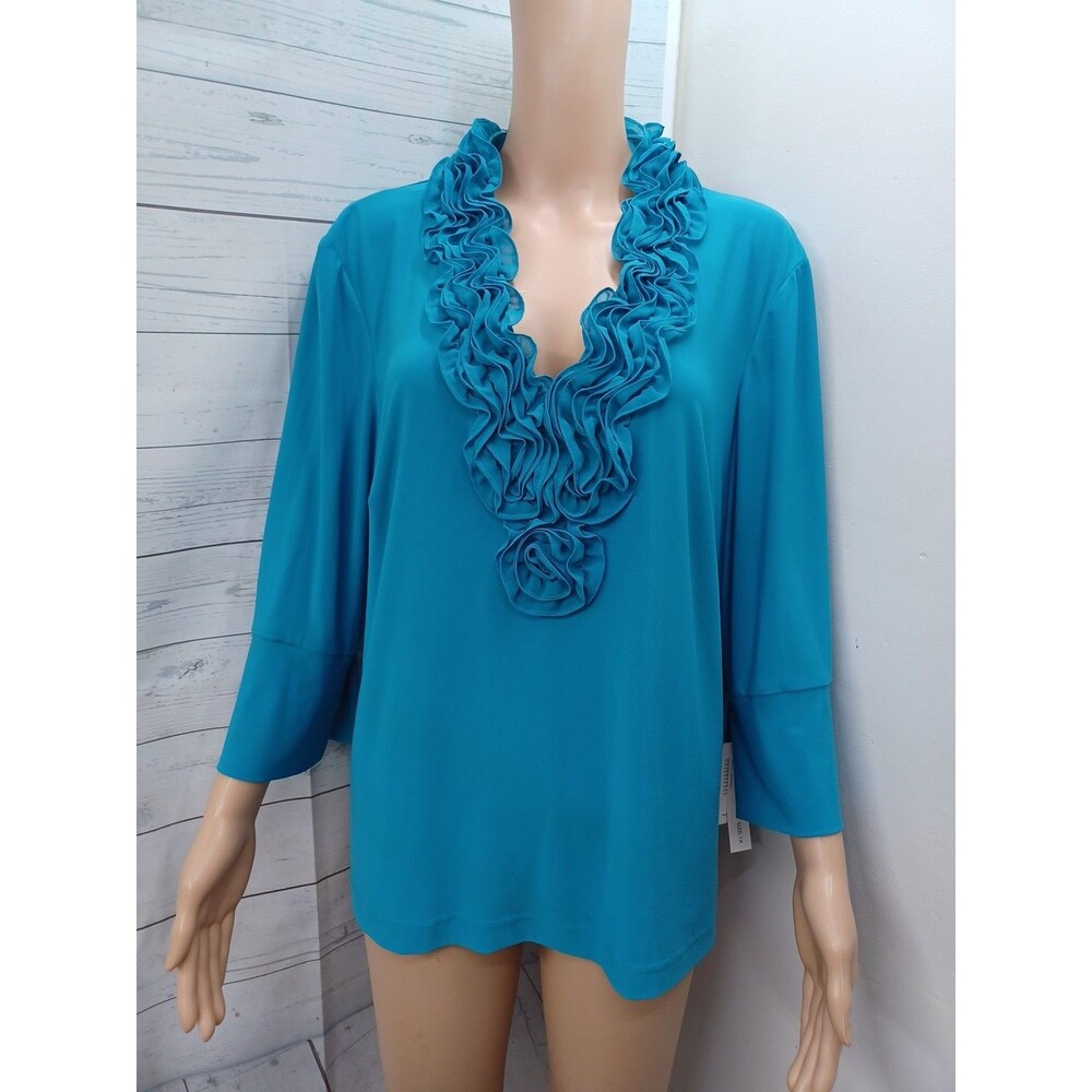 Andre Oliver Plus Sz 1X Blue Ruffle V-Neck Top Long Sleeve NWT